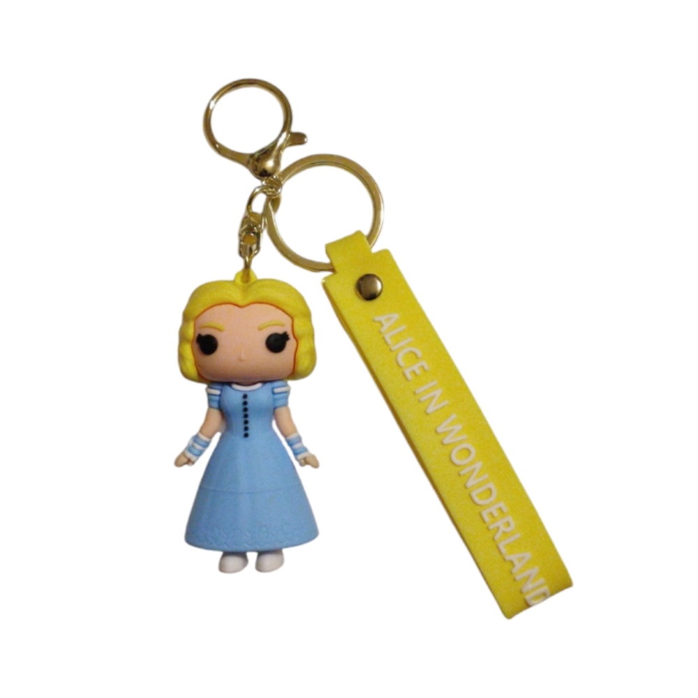 Alice In Wonderland Keychain Bag Charm Blue dess. Gold tone hardware New